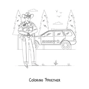 Coloring page of a sheriff next to a patrol car