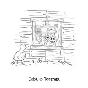 Coloring page of the Ugly Duckling looking through the window