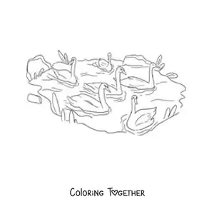 Coloring page of the Ugly Duckling swimming with the swans