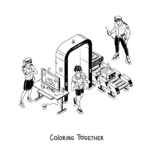 Coloring page of a couple of security police officers at the airport