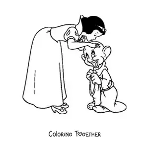 Coloring page of Snow White kissing one of the dwarfs