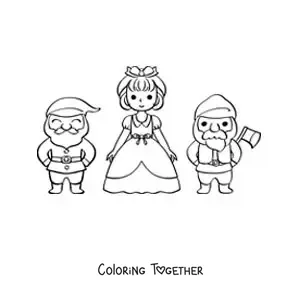 Coloring page of Snow White and two dwarfs