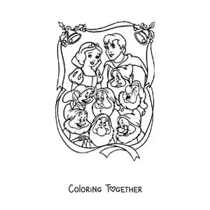 Coloring page of Snow White with the prince and the seven dwarfs