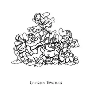 Coloring page of the 7 dwarfs from Snow White