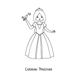 Coloring page of Snow White with a singing bird