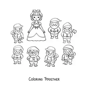 Coloring page of cartoon Snow White with the 7 dwarfs