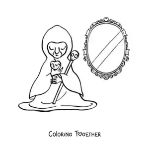 Coloring page of the evil witch from Snow White with her mirror