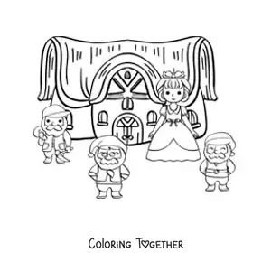 Coloring page of Snow White in the house of the seven dwarfs