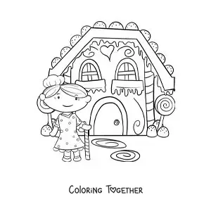 Coloring page of the witch from Hansel and Gretel in her house