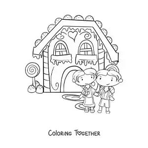 Coloring page of Hansel and Gretel at the candy house