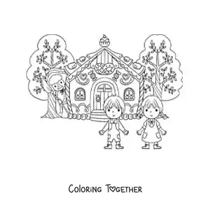 Coloring page of Hansel and Gretel at the witch's house