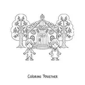 Coloring page of cartoon Hansel and Gretel at the candy house