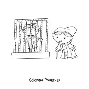 Coloring page of Hansel and Gretel locked up in the witch's house