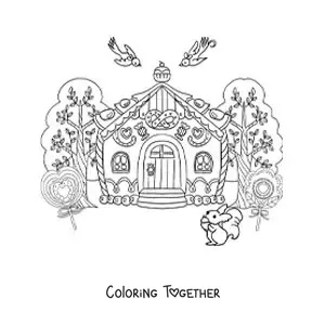 Coloring page of the witch's house from the story of Hansel and Gretel