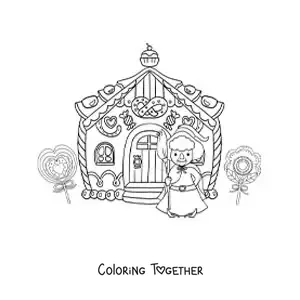 Coloring page of the witch from Hansel and Gretel with her candy house