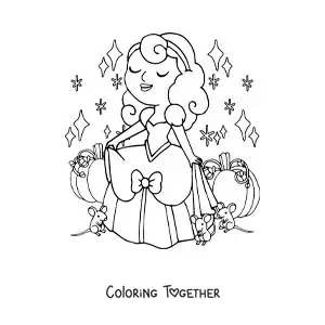 Coloring page of Cinderella in her dress beside the carriage and the little mice