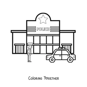Coloring page of a police officer and a patrol car in front of the station
