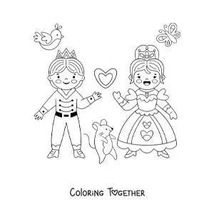 Coloring page of kawaii Cinderella with the prince and an animated mouse