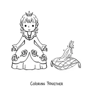 Coloring page of kawaii Cinderella with the glass slipper