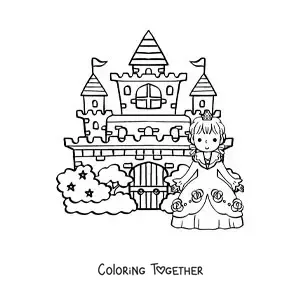 Coloring page of kawaii Cinderella at the castle