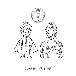 Coloring page of Cinderella and the prince at midnight