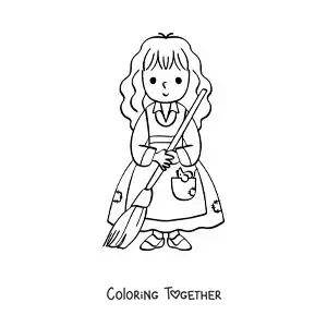 Coloring page of kawaii Cinderella cleaning