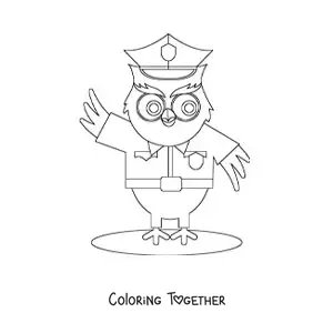 Coloring page of an animated owl wearing a police uniform