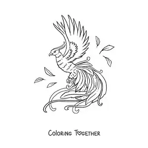 Coloring page of a phoenix bird flying