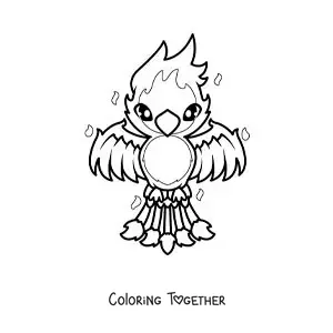 Coloring page of a kawaii phoenix in flames