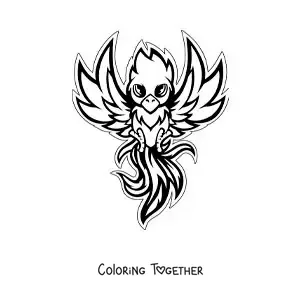 Coloring page of a cartoon kawaii phoenix