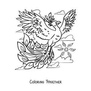 Coloring page of a fire phoenix flying