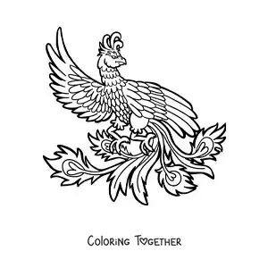 Coloring page of a phoenix bird of fire