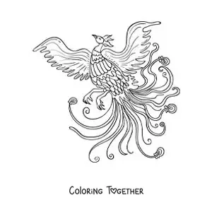 Coloring page of a phoenix bird being reborn