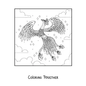 Coloring page of a magic phoenix flying
