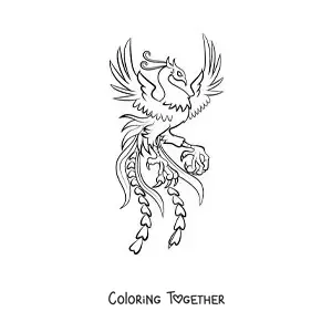 Coloring page of an animated fire phoenix