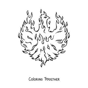 Coloring page of a phoenix bird in flames