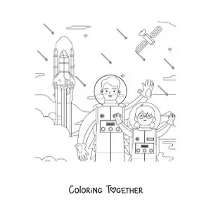 Coloring page of a girl astronaut waving next to an astronaut and a rocket lifting off