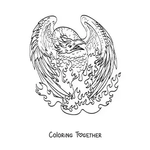 Coloring page of a phoenix in flames being reborn