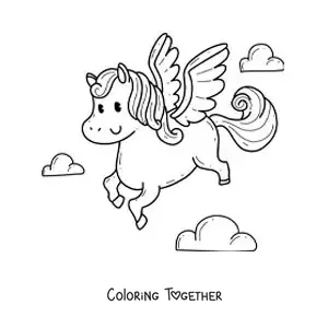 Coloring page of a kawaii Pegasus flying