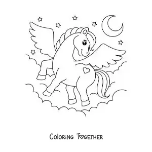Coloring page of a magic Pegasus flying