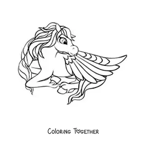 Coloring page of a winged Pegasus lying down