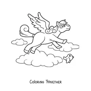 Coloring page of an animated Pegasus from mythology flying