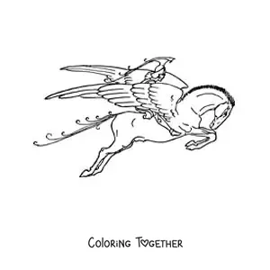 Coloring page of Bellerophon flying on Pegasus
