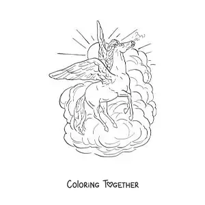 Coloring page of Pegasus flying in the sky