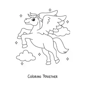Coloring page of a magic animated Pegasus flying