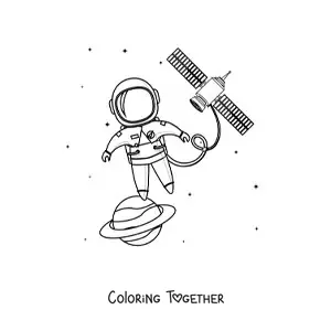 Coloring page of an astronaut in space next to a satellite
