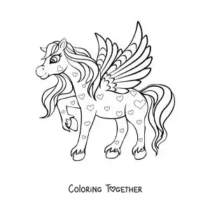 Coloring page of a beautiful winged Pegasus with hearts