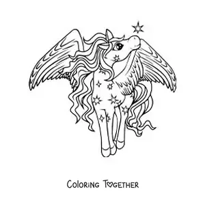 Coloring page of a beautiful magic animated Pegasus