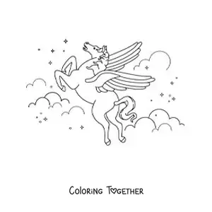 Coloring page of a magic Pegasus flying in the sky