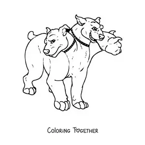 Coloring page of a cartoon three-headed Cerberus